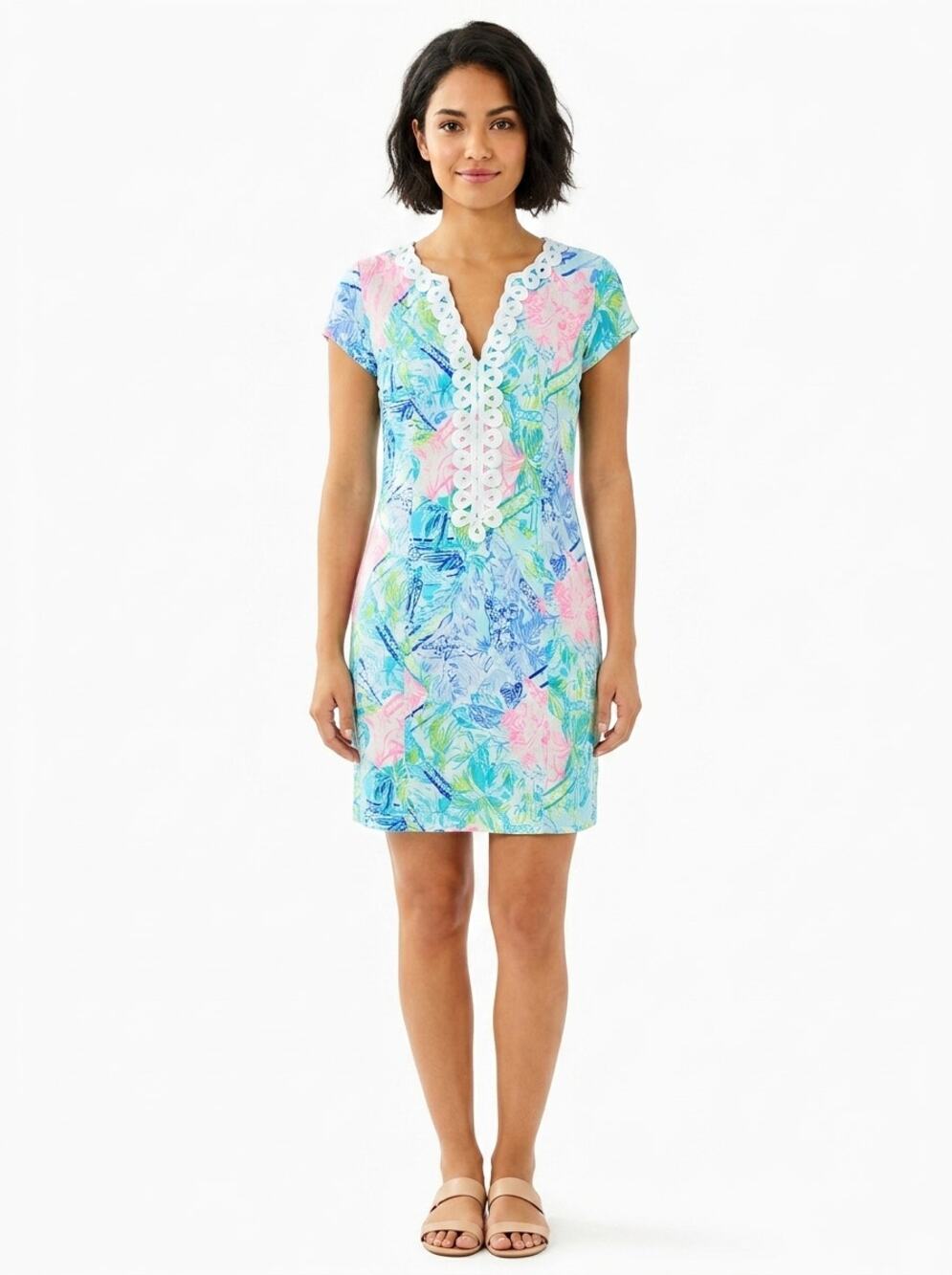 Lilly Pulitzer Multicolor Floral Lace V-Neck Knit Dress Women Size 4